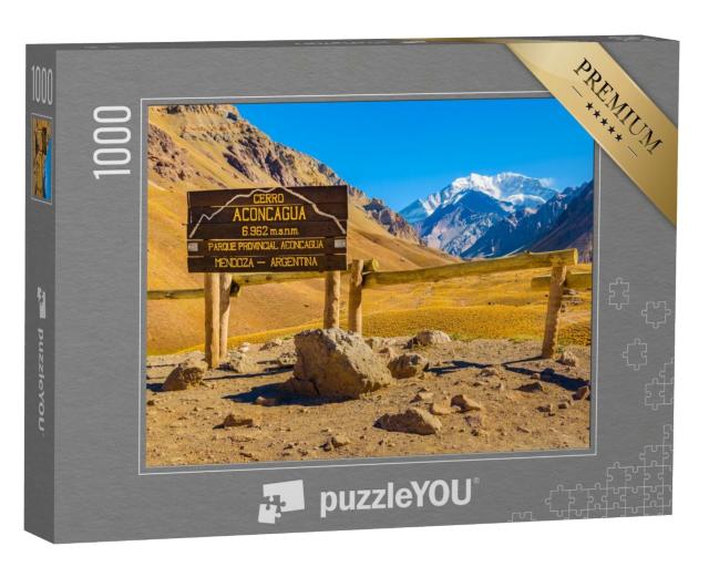 Puzzle de 1000 pièces « Cerro Aconcagua, panneau dans les montagnes d'Argentine »