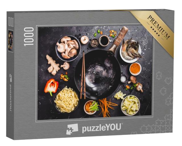 Puzzle de 1000 pièces « Cuisine asiatique avec wok, légumes et nouilles »
