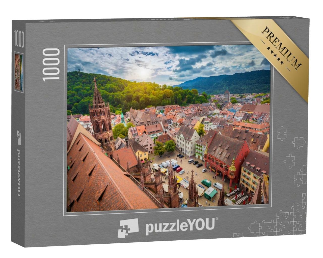 Puzzle de 1000 pièces « Centre historique de Fribourg vu du ciel, cathédrale au crépuscule »