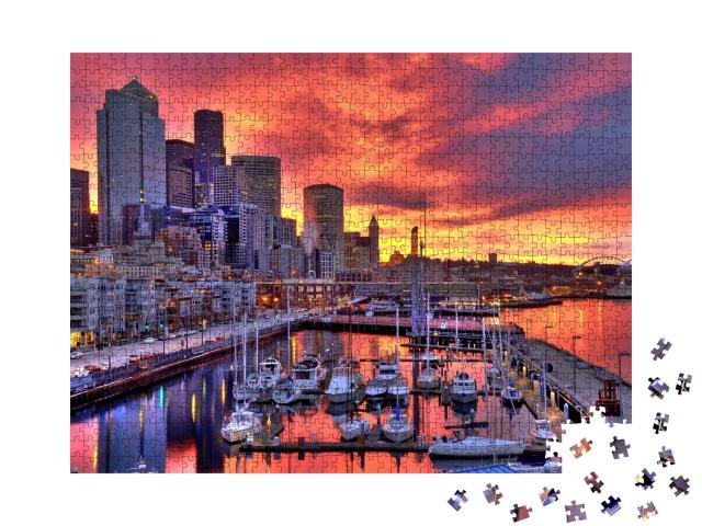 Puzzle de 1000 pièces « Lever de soleil sur la zone portuaire de Pier-66 »