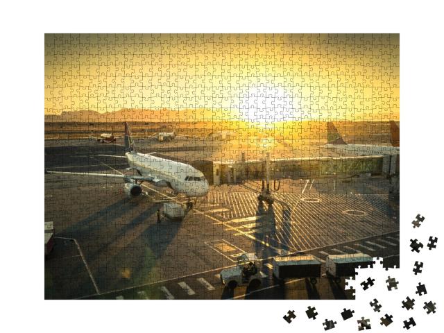 Puzzle de 1000 pièces « Avion prêt à décoller à la porte d'embarquement »