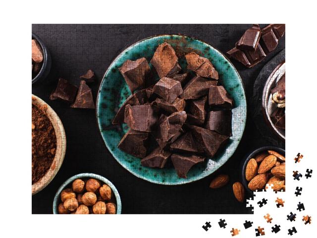 Puzzle de 1000 pièces « Morceaux de chocolat, cacao en poudre et noix »