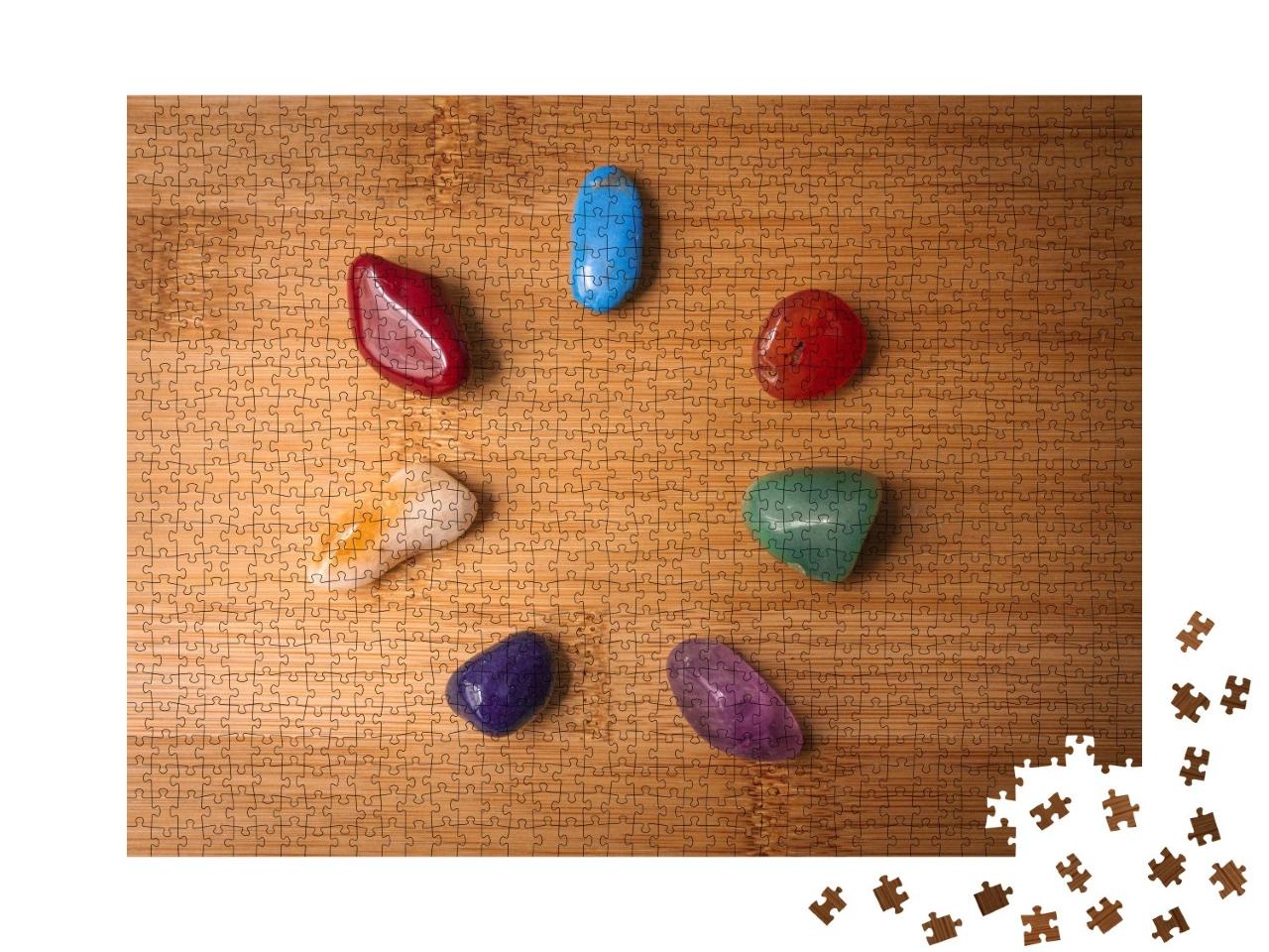 Puzzle de 1000 pièces « Sept pierres de chakra dans une table en bois »