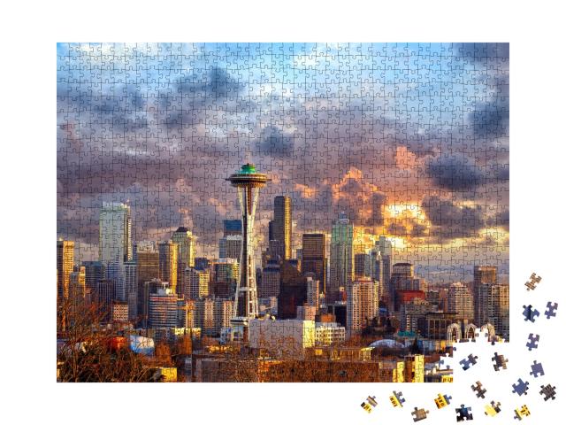 Puzzle de 1000 pièces « Skyline de Seattle au coucher du soleil, USA »