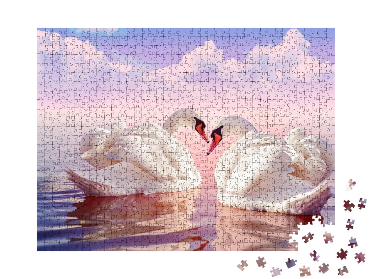 Puzzle de 1000 pièces « Deux magnifiques cygnes blancs dans un lever de soleil rose pâle »