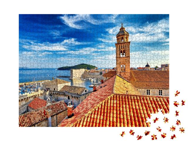 Puzzle de 1000 pièces « Vue sur les toits : la vieille ville de Dubrovnik au coucher du soleil, Croatie »