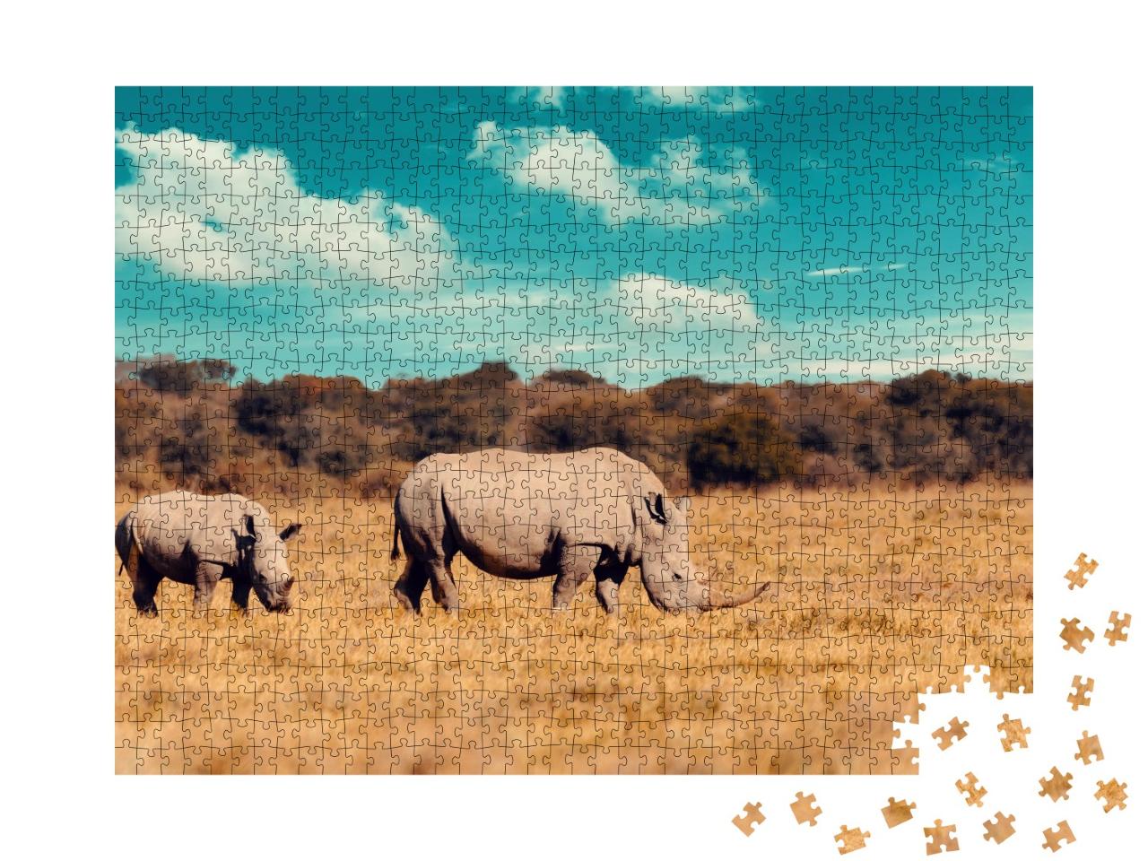 Puzzle de 1000 pièces « Famille de rhinocéros, mère et bébé rhinocéros blanc, Botswana »