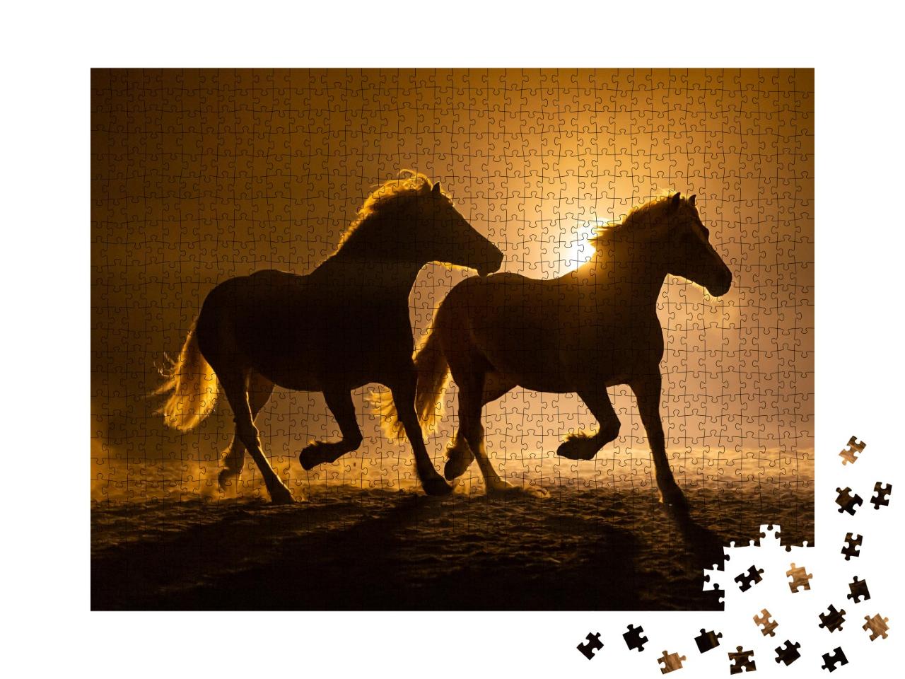 Puzzle de 1000 pièces « Silhouette de deux chevaux Haflinger au galop dans l'atmosphère du soir »