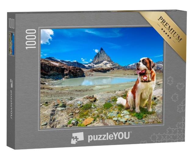 Puzzle de 1000 pièces « Chien de sauvetage Saint-Bernard avec tonneau d'alcool devant les Alpes, Zermatt »