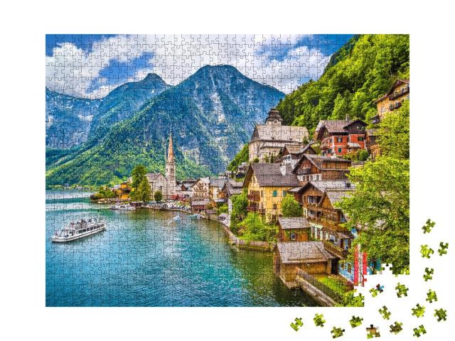 Puzzle de 1000 pièces « Village de montagne de Hallstatt avec le lac de Hallstatt dans le Salzkammergut »
