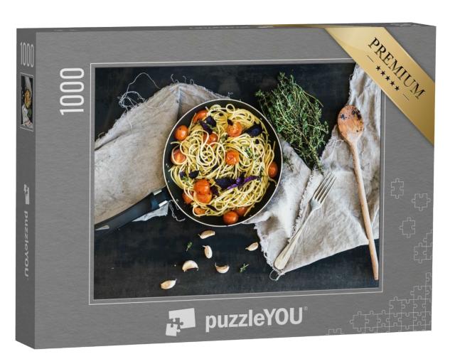 Puzzle de 1000 pièces « Spaghetti au pesto, basilic et tomates cerises »