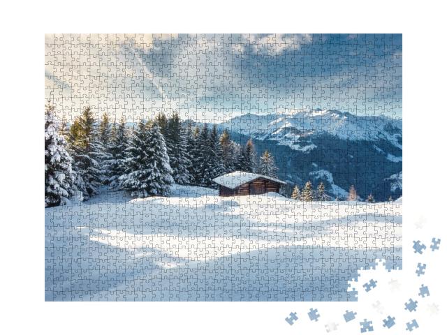 Puzzle de 1000 pièces « Refuge de montagne au pays des merveilles hivernales »