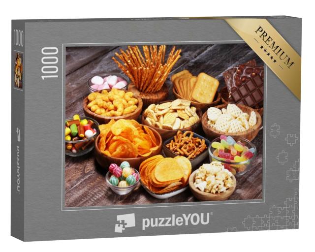 Puzzle de 1000 pièces « Prêt pour la soirée de fête : un choix varié de snacks »