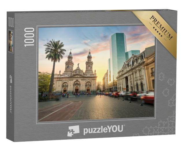 Puzzle de 1000 pièces « Plaza de Armas : Cathédrale métropolitaine de Santiago au coucher du soleil, Chili »