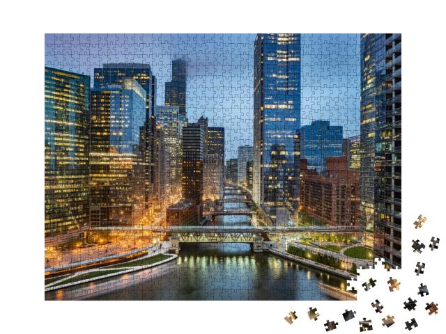 Puzzle de 1000 pièces « Skyline de Chicago par une soirée nuageuse »
