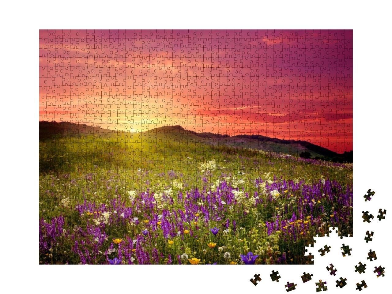 Puzzle de 1000 pièces « Paysage de montagne avec fleurs »