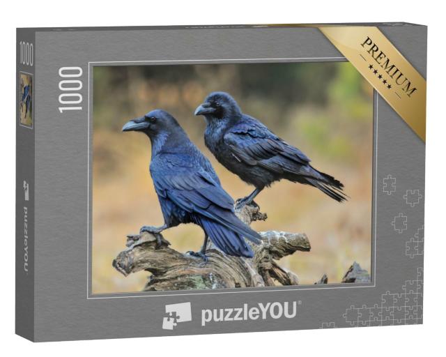 Puzzle de 1000 pièces « Deux grands corbeaux sur une souche d'arbre »