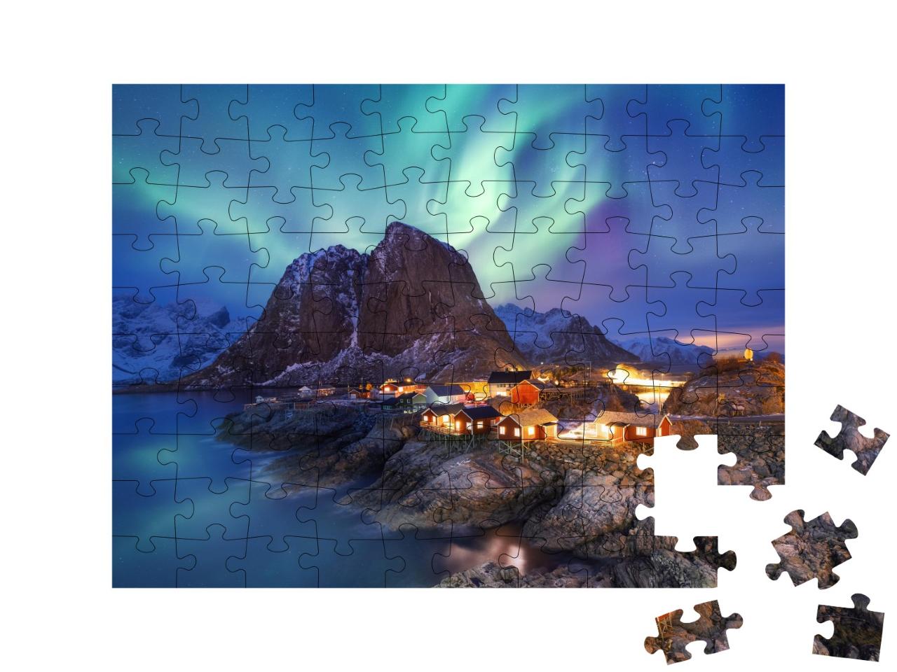 Puzzle de 100 pièces « Aurora borealis sur l'archipel des Lofoten, Norvège »