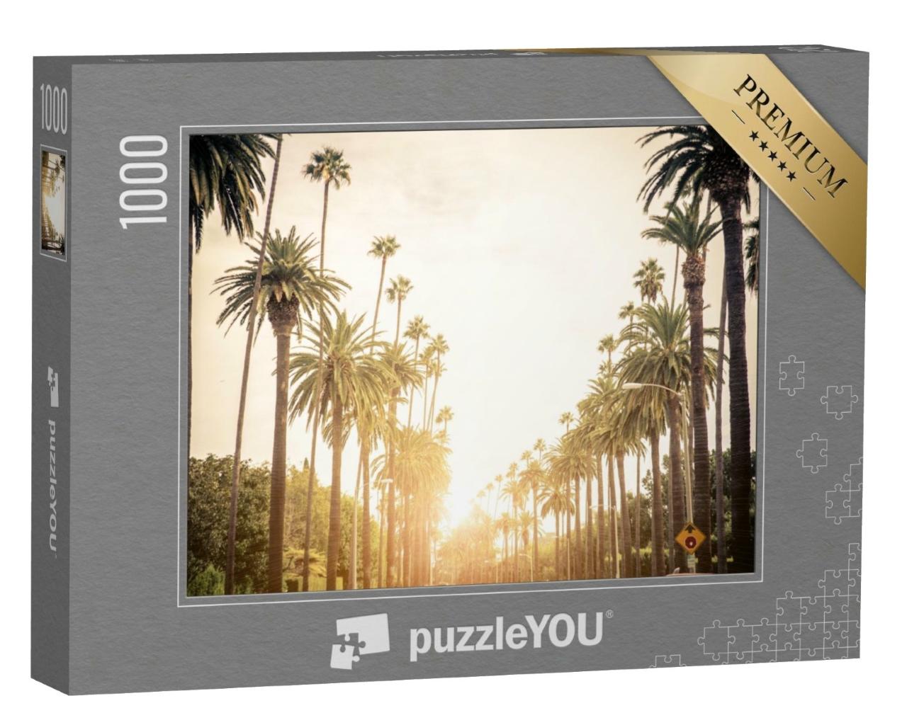Puzzle de 1000 pièces « Rue de Beverly Hills avec palmiers au coucher du soleil, Los Angeles »