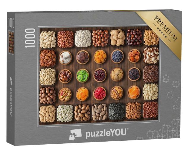 Puzzle de 1000 pièces « Une variété colorée de noix et de fruits secs dans de petites coupes »