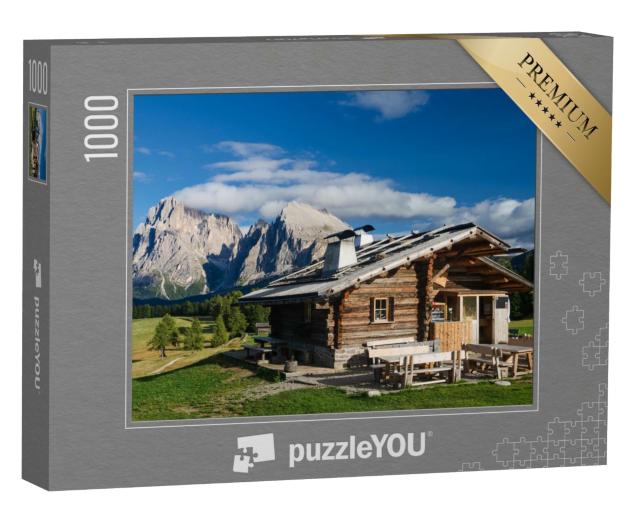 Puzzle de 1000 pièces « Refuge sur l'Alpe de Siusi avec le Plattkofel et le Langkofel, Tyrol du Sud »