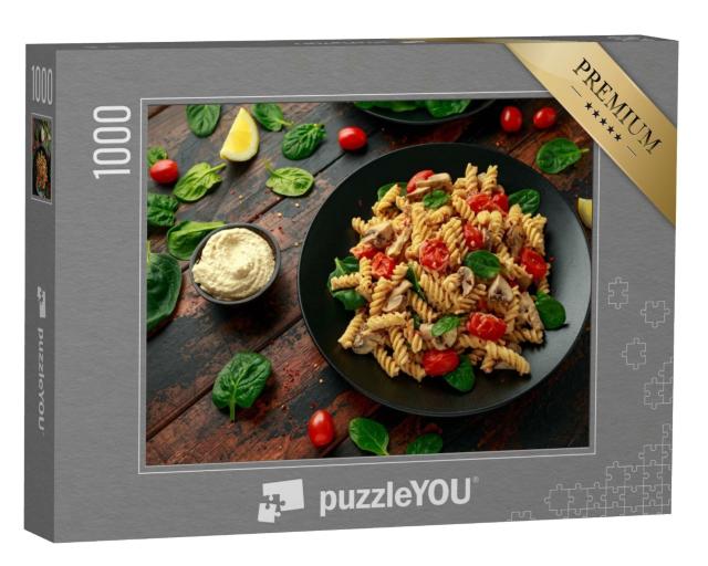 Puzzle de 1000 pièces « Pâtes crémeuses au houmous avec champignons et tomates rôties »