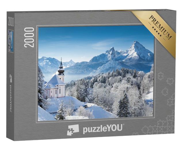 Puzzle de 2000 pièces « Église de pèlerinage et sommet du Watzmann en hiver, Berchtesgadener Land, Allemagne »