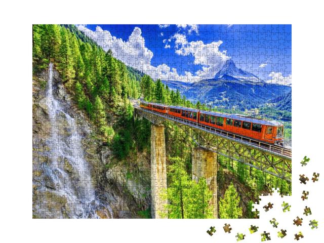 Puzzle de 1000 pièces « Gornergrat avec chute d'eau, pont et Cervin, Zermatt, Valais, Suisse »