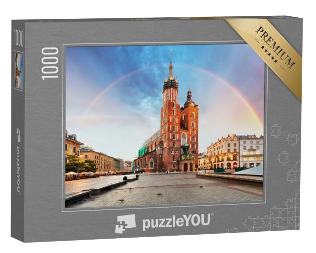 Puzzle de 1000 pièces « Basilique mariale sur la place principale de Cracovie avec arc-en-ciel »