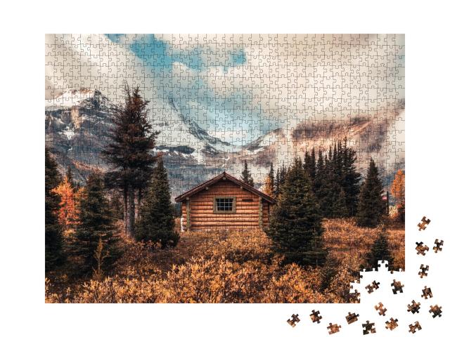 Puzzle de 1000 pièces « Cabane en bois sur la montagne Assiniboine dans la forêt d'automne, Canada »