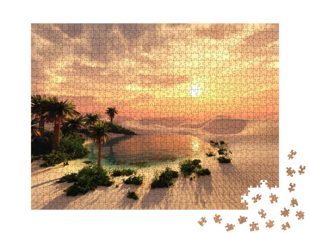 Puzzle de 1000 pièces « Oasis au coucher du soleil dans un désert de sable »