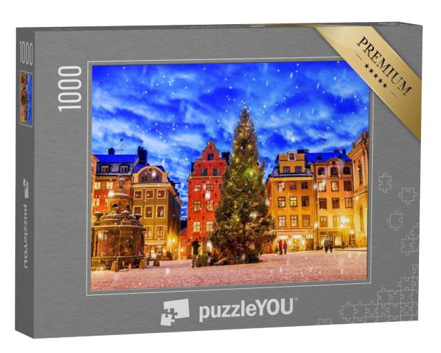 Puzzle de 1000 pièces « Place Stortorget, décorée pour Noël, de nuit, Stockholm, Suède »