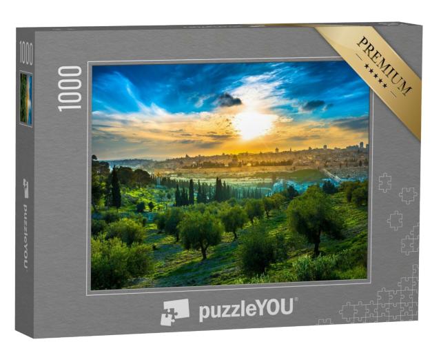 Puzzle de 1000 pièces « Coucher de soleil évocateur sur la Vieille Ville et le Mont des Oliviers de Jérusalem, Israël »