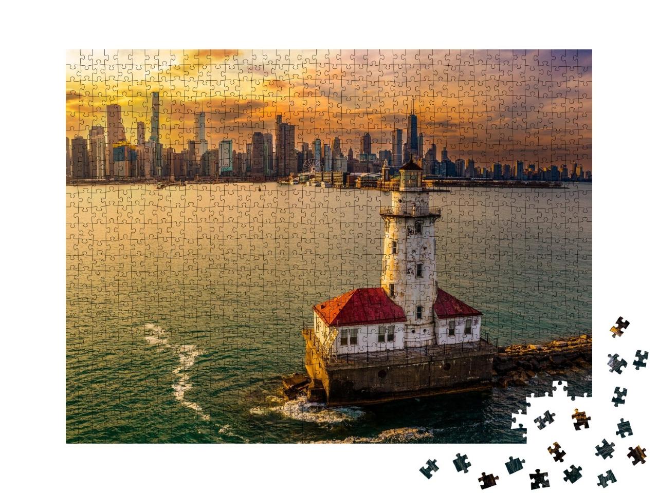 Puzzle de 1000 pièces « Le port de Chicago et le phare au coucher du soleil »
