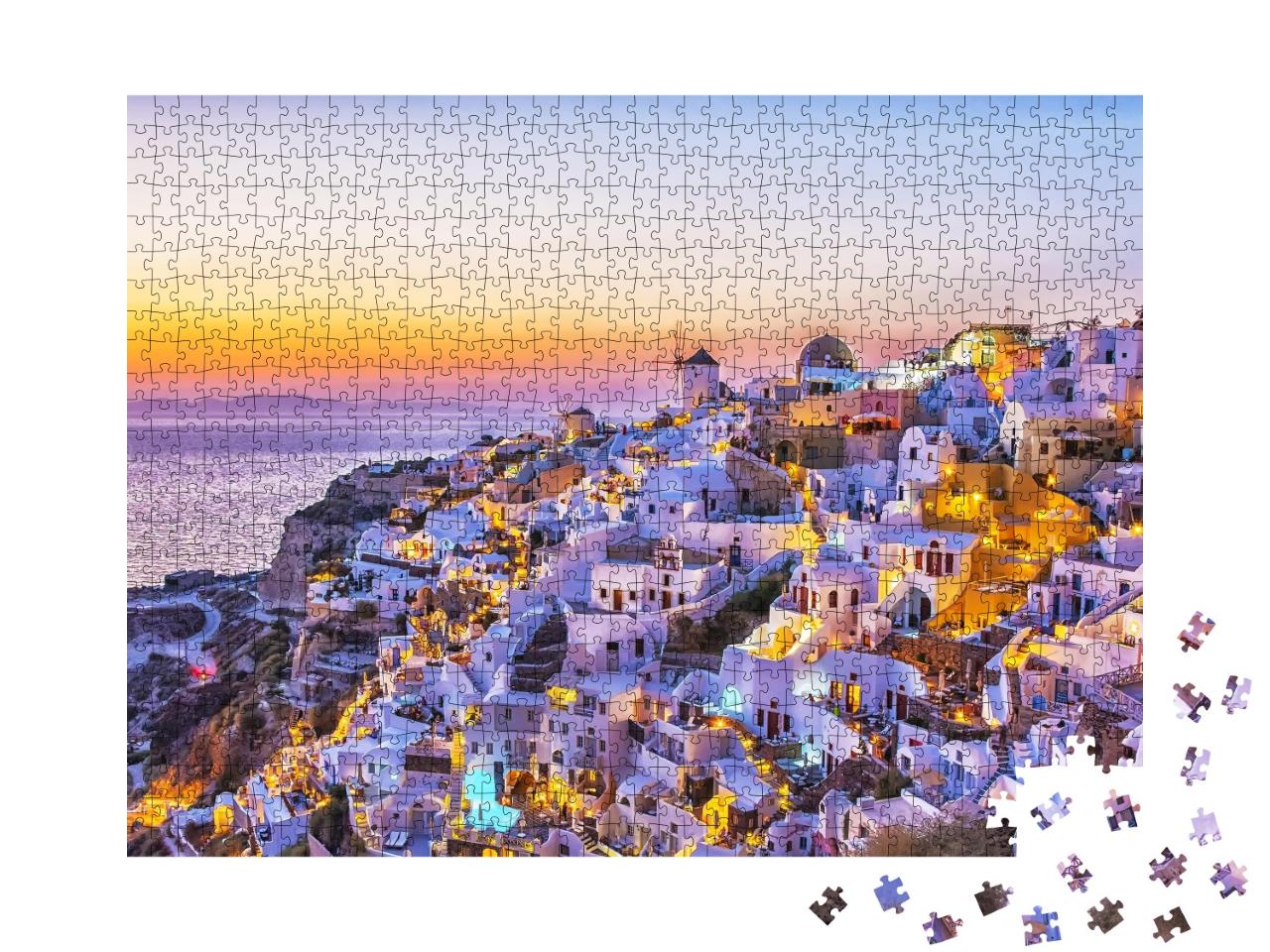 Puzzle de 1000 pièces « Village d'Oia avec ses maisons blanches traditionnelles et ses moulins à vent, Santorin, Grèce »