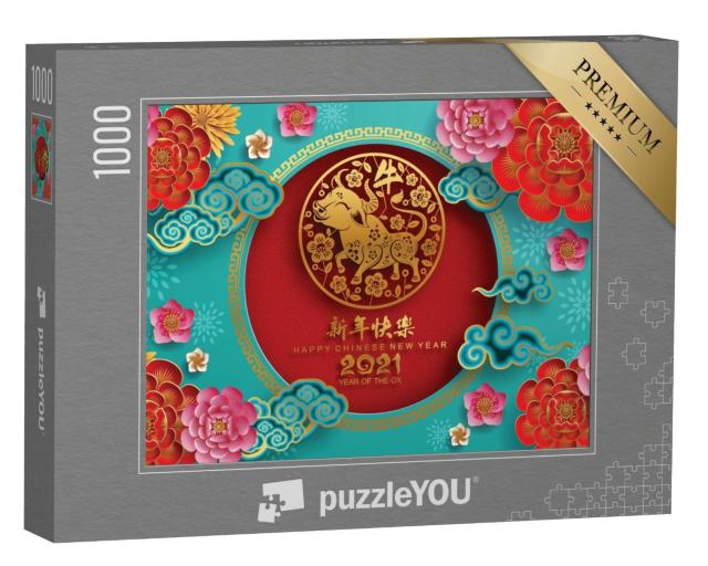 Puzzle de 1000 pièces « Nouvel An chinois 2021 : l'année du bœuf, de la fleur et des éléments asiatiques »