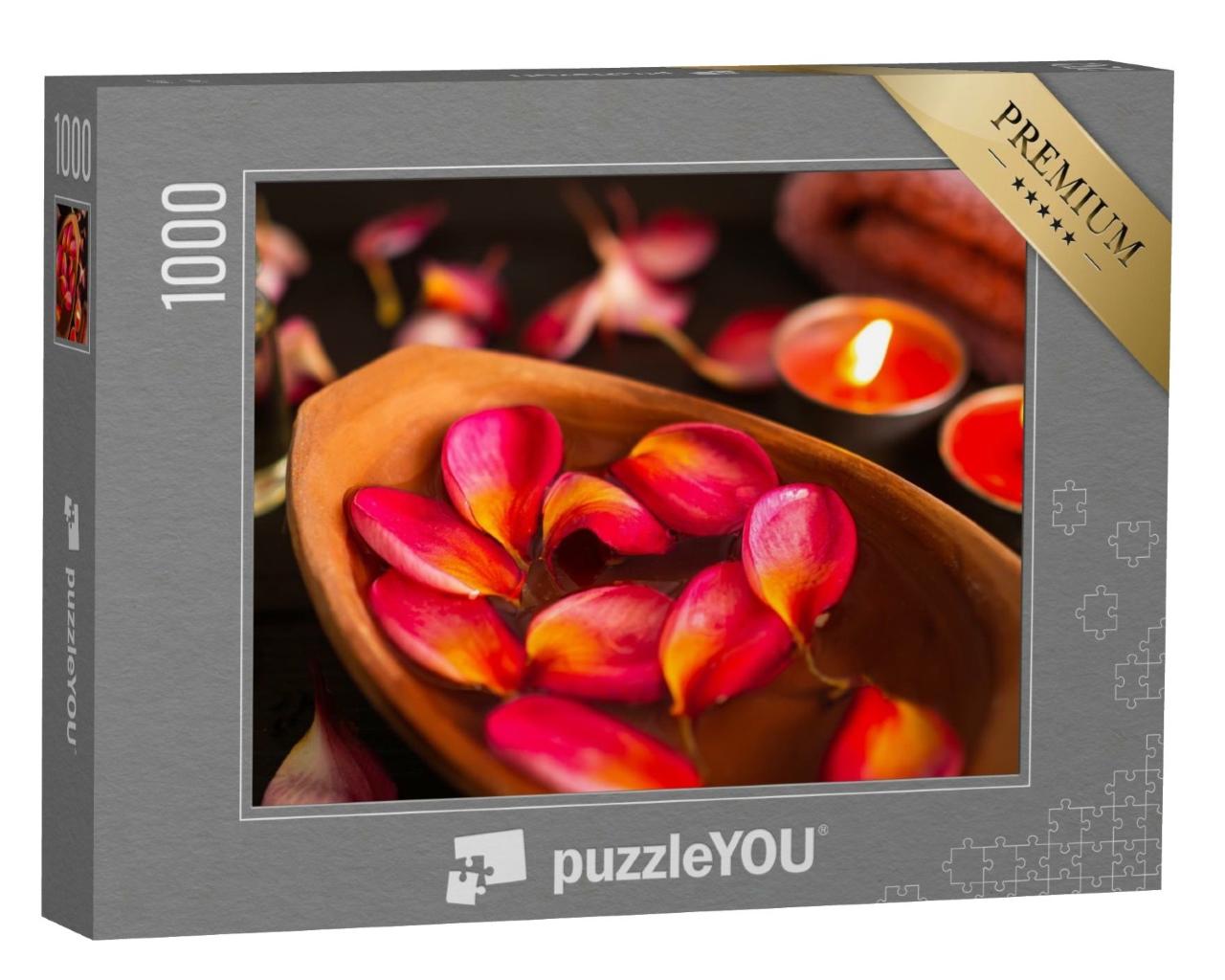 Puzzle de 1000 pièces « Pétales de Plumeria rouge, bougie, serviette, huile de massage »