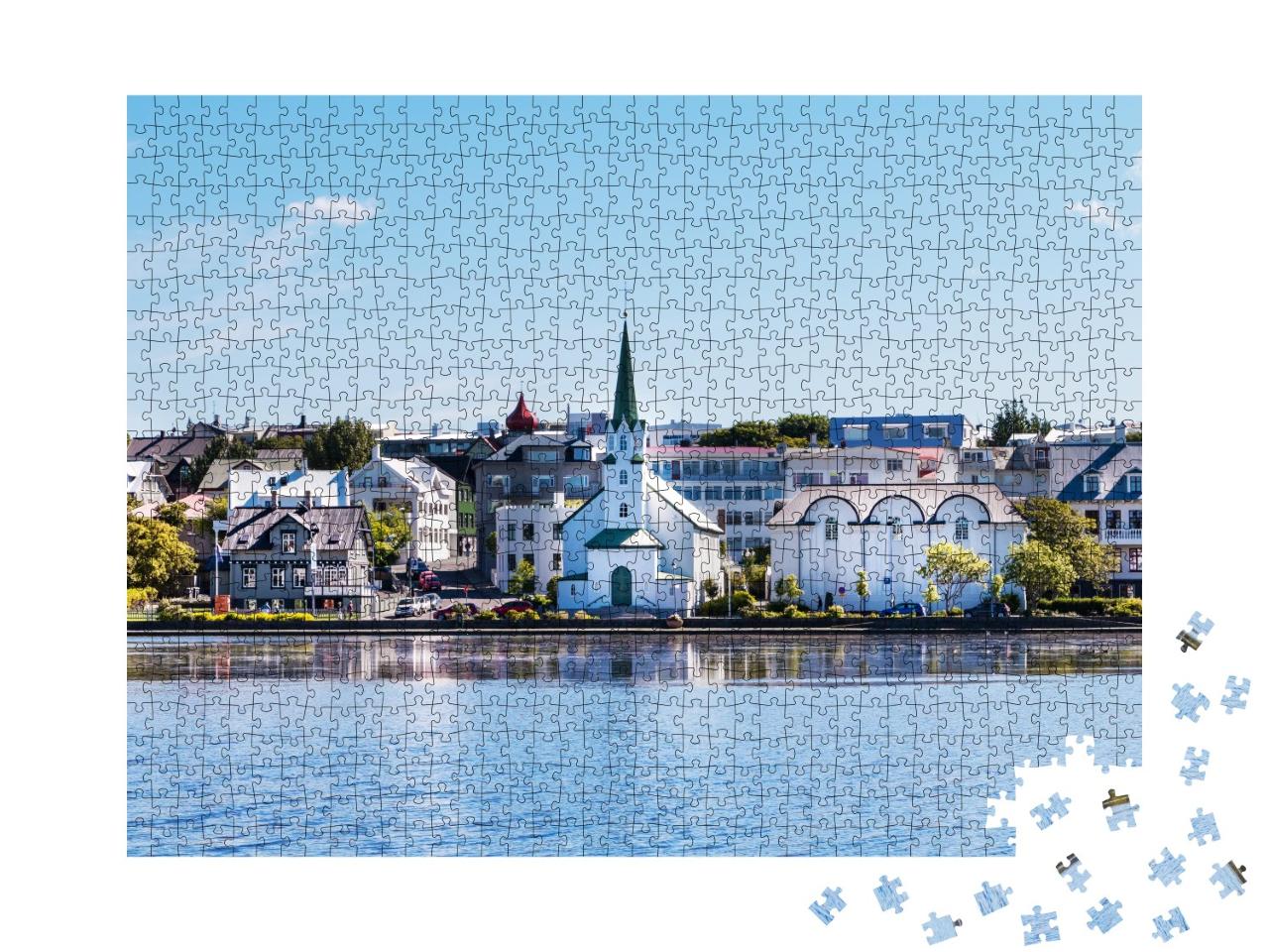 Puzzle de 1000 pièces « Quai du lac dans le centre-ville de Rejkavik »