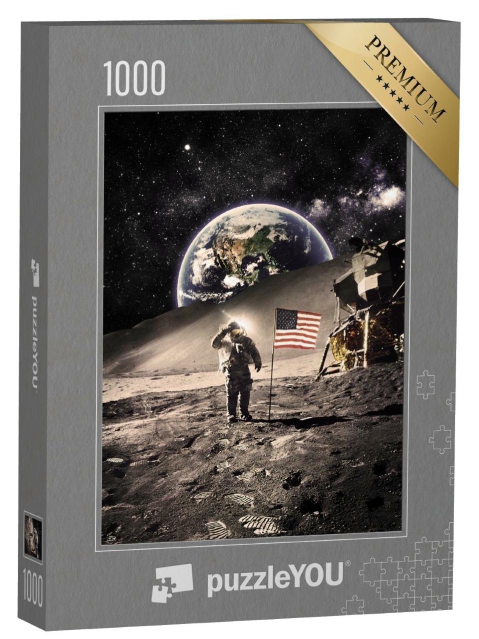 Puzzle de 1000 pièces « Astronaute vintage avec drapeau sur la lune »