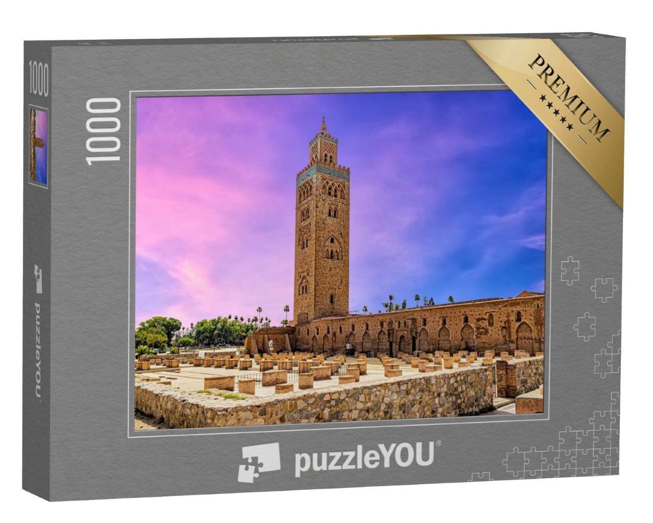 Puzzle de 1000 pièces « Coucher de soleil derrière la mosquée Koutoubia à Marrakech, Maroc »