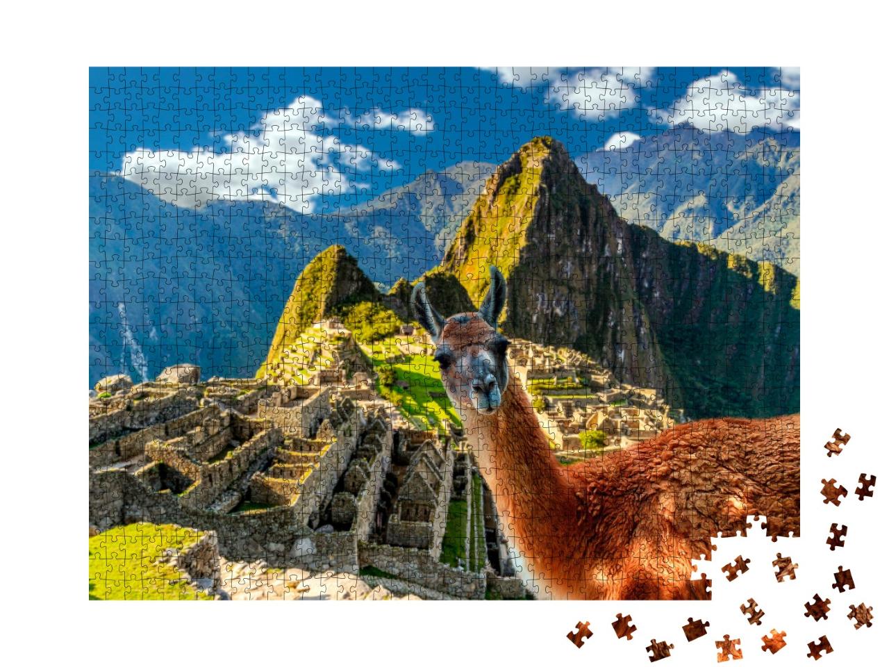Puzzle de 1000 pièces « Lama debout au point de vue du Machu Picchu au Pérou »
