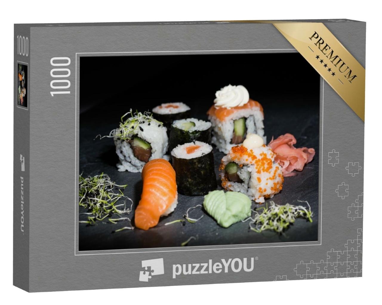 Puzzle de 1000 pièces « Sushi japonais composé de makis, de nigiris et de rouleaux inside-outside »