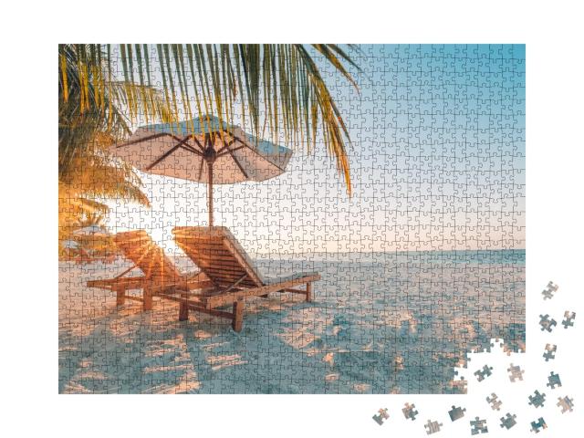 Puzzle de 1000 pièces « Paradis de la plage avec du sable blanc au coucher du soleil »