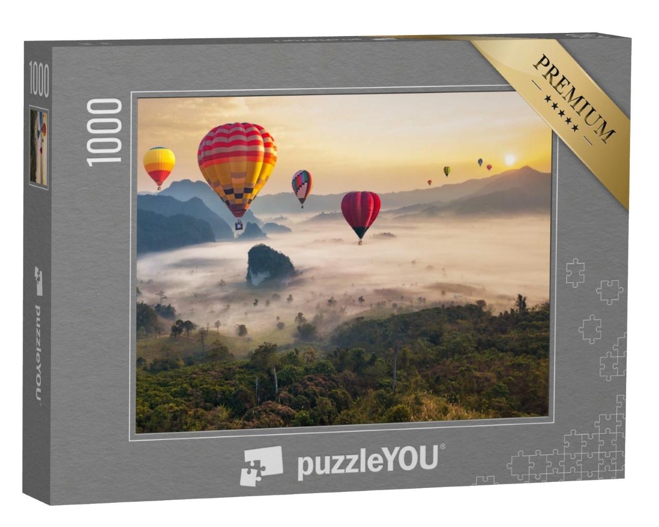 Puzzle de 1000 pièces « Montgolfières au-dessus des montagnes du parc national de Phu Langka, Thaïlande »