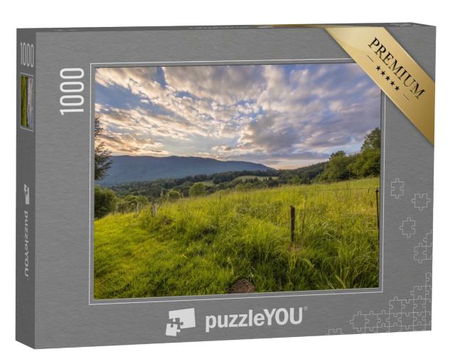Puzzle de 1000 pièces « Paysage Vue sur la prairie agricole dans les alpes françaises en Haute savoie, France »