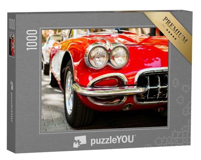 Puzzle de 1000 pièces « Gros plan sur les phares d'une voiture ancienne rouge »