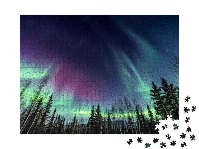 Puzzle de 1000 pièces « Des aurores boréales violettes et vertes tourbillonnent au-dessus des pins »