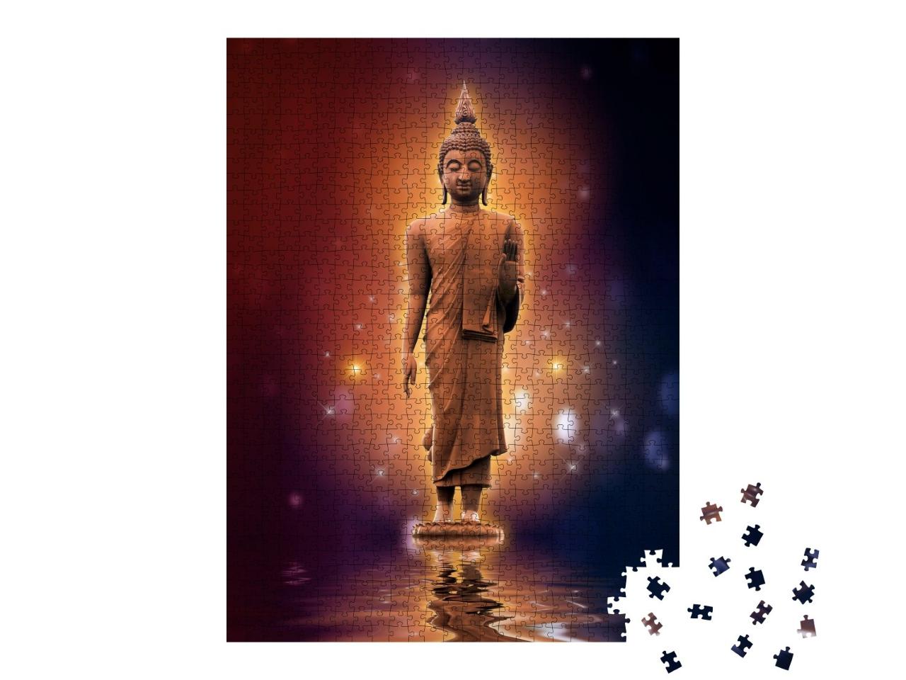 Puzzle de 1000 pièces « Statue de Bouddha sur l'eau avec un fond doré »