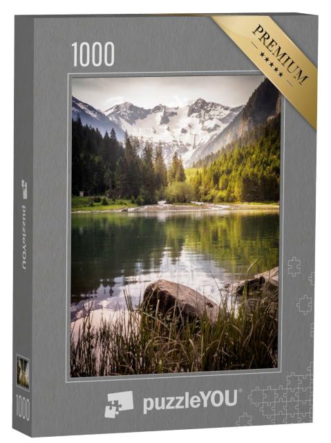Puzzle de 1000 pièces « Belle matinée d'été au lac de barrage de Stillup dans le Zillertal, Tyrol »