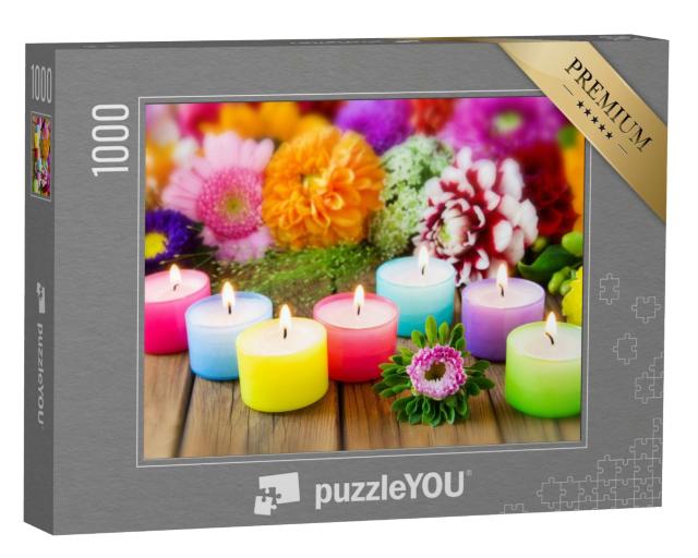 Puzzle de 1000 pièces « Sept bougies colorées et un bouquet de fleurs »
